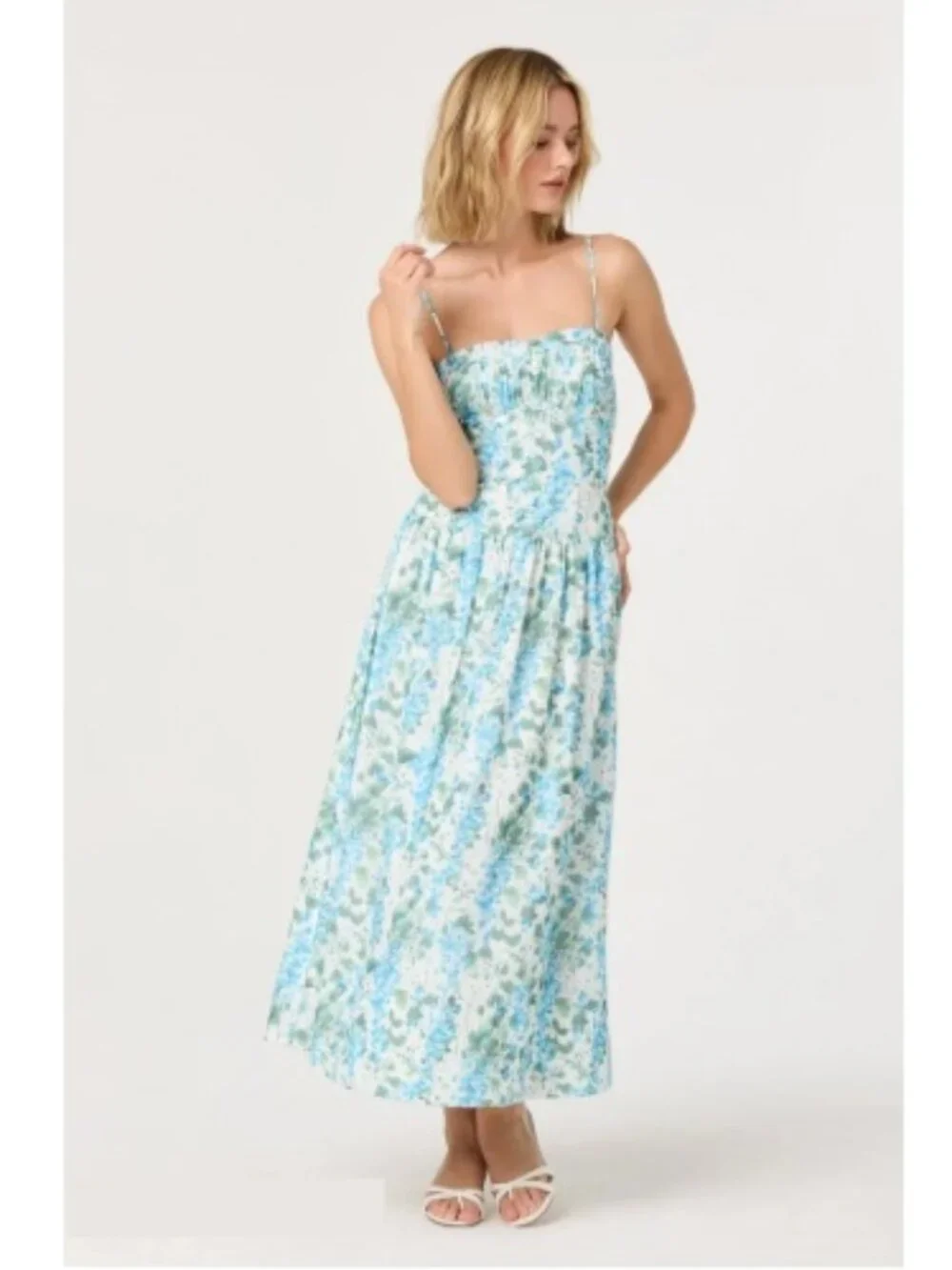 NWT ASTR the Label Capria Pleated Milkmaid Midi Dress, Blue Green floral | Small